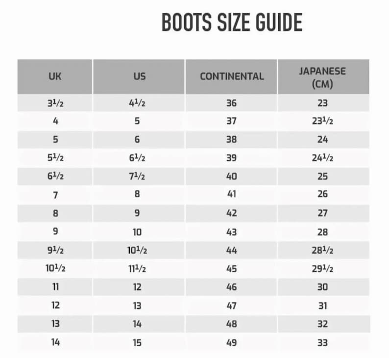 May include: A size guide for boots, with the text "BOOTS SIZE GUIDE" at the top. The guide includes UK, US, Continental, and Japanese (CM) sizes. The US sizes range from 4 1/2 to 15.