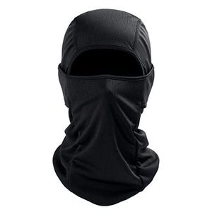 May include: A black balaclava with an open face design. The head covering is made of a breathable, textured fabric. The balaclava covers the head, neck, and lower face, with an opening for the eyes and mouth.