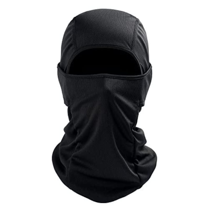 May include: A black balaclava with an open face design. The head covering is made of a breathable, textured fabric. The balaclava covers the head, neck, and lower face, with an opening for the eyes and mouth.