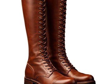 Men’s Brown Leather Knee High Boots – Lace Up Military Style Boots – Handmade Combat Riding Boots – Durable Work Boots
