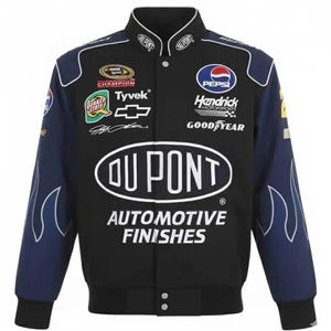 May include: Black and navy blue racing jacket with multiple sponsor logos, including "Du Pont" and "Pepsi." The jacket features white accents, a button-up front, and flame designs on the sleeves. The jacket is a size medium.