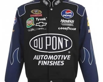 Retro Y2K Jeff Gordon DuPont Racing Jacket - Blue & Black NASCAR Bomber with Flame Sleeves - Blockcore Aesthetic Streetwear - Unisex Graphic