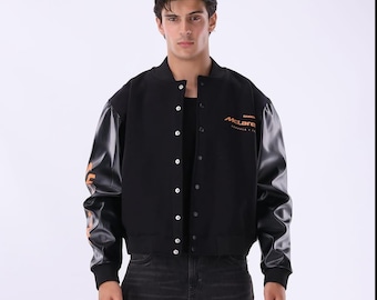 McLaren Formula Racing Varsity Jacket Unisex Black Bomber Jacket Retro Motorsport Streetwear Letterman Coat Leather + FREE T-Shirt Gift