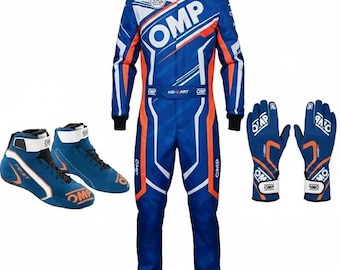 Custom OMP Racing Suit Set | Blue Motorcycle and Karting Race Suit with Matching Shoes & Gloves | Full Sublimated Motorsport Gear