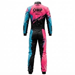 May include: A racing suit featuring a black, pink, and light blue color scheme with a gradient pattern. The back displays the OMP logo in black text, the word BELL in black, and OMP branding on the sleeves and collar against a white background.