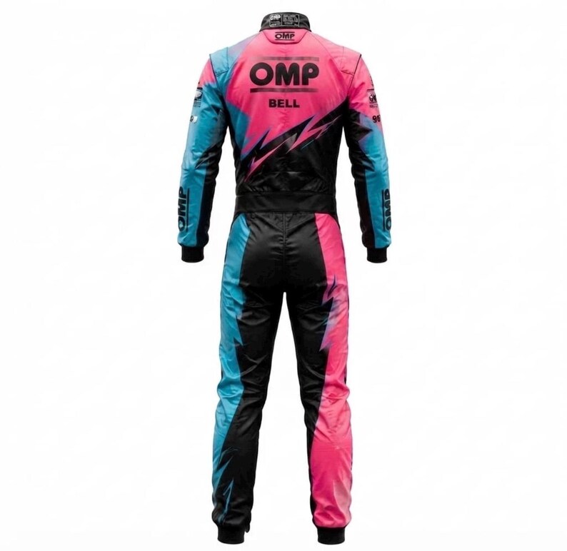 May include: A racing suit featuring a black, pink, and light blue color scheme with a gradient pattern. The back displays the OMP logo in black text, the word BELL in black, and OMP branding on the sleeves and collar against a white background.