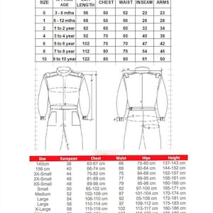 May include: Detailed size chart for children's clothing, including measurements for chest, waist, inseam, and arms. The chart also includes European sizes and height in centimeters, with suit length in centimeters.
