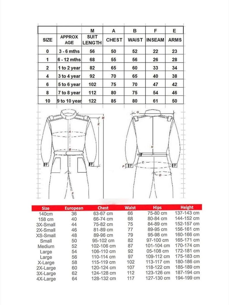 May include: Detailed size chart for children's clothing, including measurements for chest, waist, inseam, and arms. The chart also includes European sizes and height in centimeters, with suit length in centimeters.