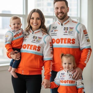 May include: A family of four wearing matching white, orange, and blue racing jackets with the word "HOOTERS" prominently displayed. The jackets feature sponsor logos and racing stripes. The family is smiling and posing for a photo.