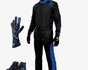 Conjunto de Macacão de Corrida K1 Flex - Macacão profissional para kart com luvas e sapatos combinando - Uniforme de corrida azul - Macacão de segurança para automobilismo