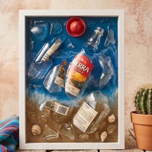 Könnte beinhalten: Gerahmtes Kunstwerk mit einer Strandszene mit zerbrochenem Glas und Tequila-Flaschen. Das Kunstwerk umfasst einen roten Flaschenverschluss, Muscheln und einen kleinen Kaktus in einem Terrakotta-Topf. Der Hintergrund hat blaue und beige Farbtöne.