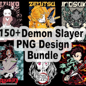 Puede incluir: Un paquete de diseños digitales con múltiples imágenes PNG de personajes de la serie de anime Demon Slayer. Las imágenes incluyen personajes como Nezuko, Zenitsu e Inosuke, con colores llamativos y poses dinámicas. El texto en la imagen dice "150+ Demon Slayer PNG Design Bundle."