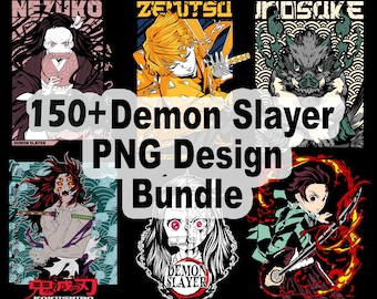 May include: A digital design bundle featuring multiple PNG images with characters from the anime series Demon Slayer. The images include characters like Nezuko, Zenitsu, and Inosuke, with bold colors and dynamic poses. Text on the image reads "150+ Demon Slayer PNG Design Bundle."