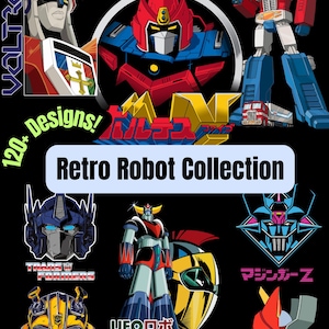 以下が含まれることがあります： 黒い背景に、レトロなロボットのデザインコレクション。画像には、ボルトロン、オプティマスプライムなど、さまざまなロボットのイラストが描かれています。「Retro Robot Collection」と「120+ Designs!」の文字。