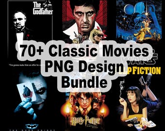 PNG-bundel met 70+ klassieke iconische films | Esthetische retrofilm png-ontwerpen voor shirts, stickers en sublimatie | Transparante achtergrondbestanden