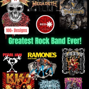 May include: A collection of rock band logos and album covers, featuring Guns N' Roses, Megadeth, Black Sabbath, Red Hot Chili Peppers, Pearl Jam, Ramones, Lynyrd Skynyrd, Kiss, Avenged Sevenfold, and Blink-182. The text says "Greatest Rock Band Ever!"