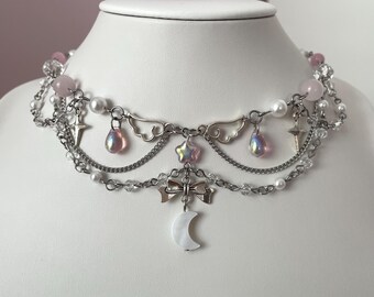 Moon & Star Bow Choker Necklace, Dreamy Whimsical Jewellery