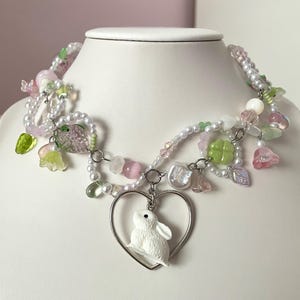 Rabbit Necklace, Whimsical Maximalist Animal Charm, Handmade Bunny Statement Jewellery, Unique Cluttercore Gift