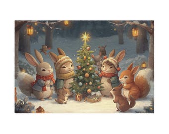 May include: A whimsical illustration of woodland creatures gathered around a decorated Christmas tree in a snowy forest. Rabbits and squirrels wear winter attire, with a star on top of the tree and lanterns in the background.