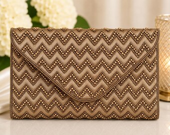 Bronze Beaded Clutch Purse | Gold Evening Bag | Handmade Zigzag Beaded Handbag | Wedding Guest Clutch | Champagne Formal Purse Evening Bag
