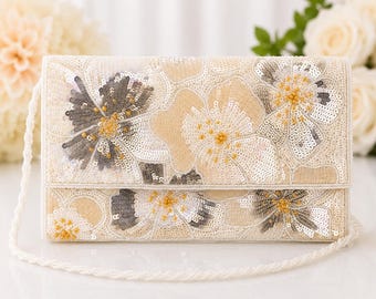 Ivory Sequin Beaded Clutch Purse | Bridal Evening Bag | Handmade Wedding Clutch | Pearl White Floral Handbag | Elegant Bridesmaid Purse