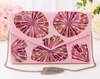 Pink Beaded Clutch Purse | Handmade Evening Bag | Blush Pink Wedding Clutch | Beaded Crossbody Handbag | Bridal Purse with Chain Strap