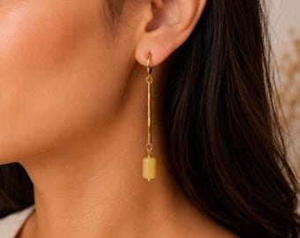 Minimalist Gold Drop Earrings | Long Chain Dangle Earrings | Yellow Stone Earrings | Modern Gold Hoop Earrings | Elegant Lightweight Jewelry
