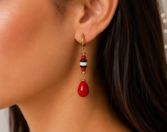 Red Beaded Drop Earrings | Boho Dangle Earrings | Handmade Gold Hoop Earrings | Red Teardrop Earrings | Sudanese Jewlery