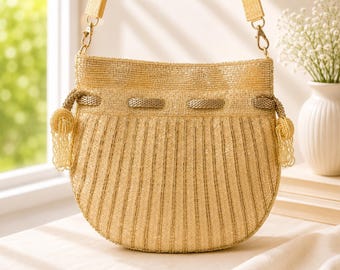 Champagne Gold Beaded Bucket Bag | Handmade Evening Purse | Bridal Party Crossbody Bag | Wedding Guest Handbag | Sparkly Cocktail Bag