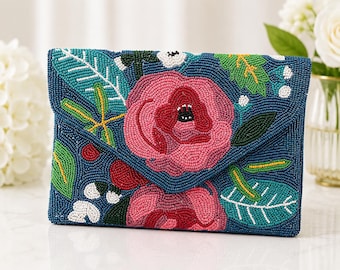 Blue Floral Beaded Clutch Purse | Handmade Evening Bag | Wedding Guest Clutch | Beaded Envelope Handbag | Statement Floral Purse for Women