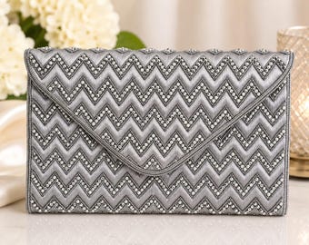 Silver Beaded Clutch Purse | Gray Zigzag Evening Bag | Handmade Bridal Clutch | Wedding Guest Purse | Silver Envelope Handbag Party Clutch