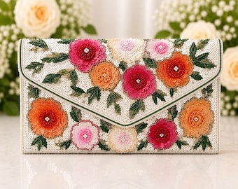 Floral Beaded Clutch Purse | White Wedding Guest Bag | Handmade Evening Clutch | Beaded Crossbody Handbag | Purse with Floral Embroidery
