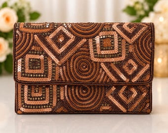 Copper Beaded Clutch Purse | Geometric Evening Bag | Handmade Sequin Clutch | Art Deco Handbag | Bronze Wedding Purse with Crossbody Chain