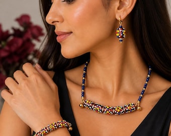 Colorful Beaded Jewelry Set – Handmade Statement Necklace, Bracelet & Earrings, Artisan Boho Jewelry, Unique Gift for Her, Bold Fashion Set