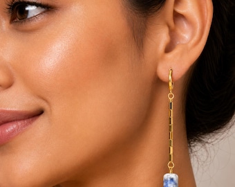 Blue White Natural Stone Gold Drop Earrings | Handmade Long Dangle Hoop Earrings | Minimalist Earrings | Lightweight Jewelry | Gift for Her
