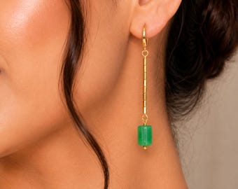 Green Drop Earrings | Gold Dangle Earrings | Minimalist Statement Earrings | Handmade Gemstone Jewelry | Elegant Long Earrings