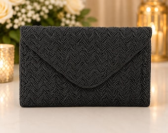 Black Beaded Clutch Purse | Handmade Evening Bag | Zigzag Beadwork Clutch | Wedding Guest Purse | Party Handbag | Black Envelope Clutch
