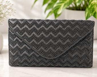 Black Beaded Clutch Purse | Handmade Evening Bag | Elegant Wedding Guest Clutch | Formal Party Handbag with Detachable Chain Strap