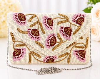 Floral Beaded Clutch Purse | Handmade Wedding Guest Bag | Ivory Evening Clutch | Beaded Crossbody Handbag | Bridal Purse with Chain Strap