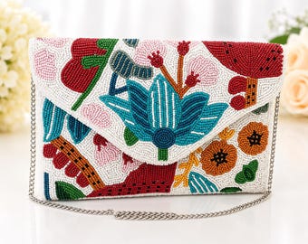 Colorful Floral Beaded Clutch Purse | Handmade Evening Bag | Beaded Crossbody Clutch | Wedding Guest Handbag | Statement Floral Purse