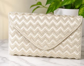 Ivory Pearl Beaded Clutch Purse | Handmade Bridal Evening Bag | Wedding Clutch with Detachable Chain Strap | Elegant Formal Party Handbag