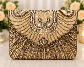Gold Beaded Clutch Purse | Art Deco Evening Bag | Wedding Clutch | Champagne Bridal Handbag | Vintage Inspired Beaded Purse with Chain Strap