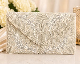 Ivory Beaded Clutch Purse | Bridal Wedding Clutch | Handmade Pearl Beaded Evening Bag | Elegant Leaf Pattern Handbag | Formal Event Clutch