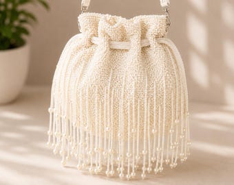 Ivory Beaded Bridal Potli Bag, Handmade Wedding Purse, Pearl Fringe Drawstring Handbag, Bridal Bucket Bag, Wedding Reception Bag