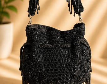 Black Beaded Fringe Bucket Bag, Handmade Evening Purse, Beaded Drawstring Handbag, Boho Fringe Shoulder Bag, Black Party Purse, Wedding Bag