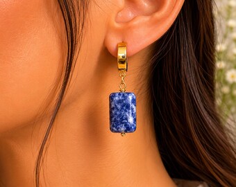 Blue Stone Gold Hoop Earrings | Handmade Statement Earrings | Minimalist Rectangle Drop Earrings | Elegant Dangle Jewelry | Gift for Her