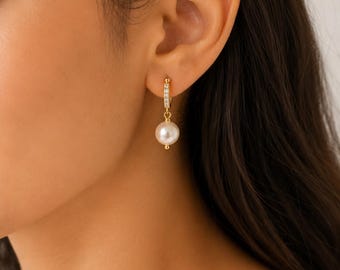 Freshwater Pearl Drop Earrings | Minimalist Pearl Dangle Earrings | Elegant Bridal Earrings | Gold CZ Hoop Pearl Earrings | Gift for Her