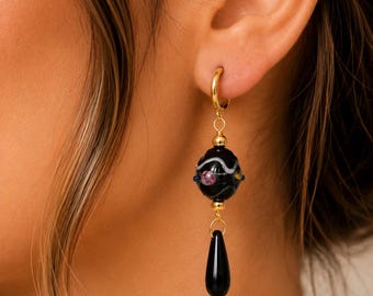 Black Gold Drop Earrings | Statement Dangle Earrings | Handmade Glass Bead Earrings | Elegant Boho Jewelry | Unique Artisan Earrings