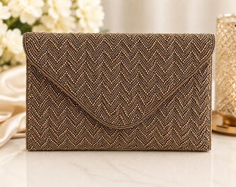Gold Beaded Clutch Purse | Champagne Evening Bag | Handmade Wedding Clutch | Bronze Beaded Handbag | Envelope Purse | Formal Party Bag