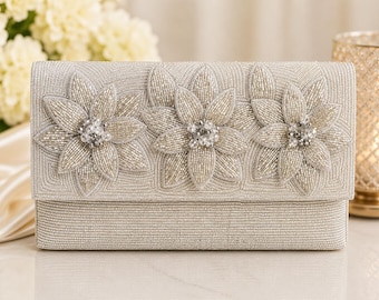White Silver Floral Beaded Clutch Purse | Bridal Evening Bag | Handmade Wedding Clutch | Silver Flower Handbag | Elegant Bridesmaid Purse